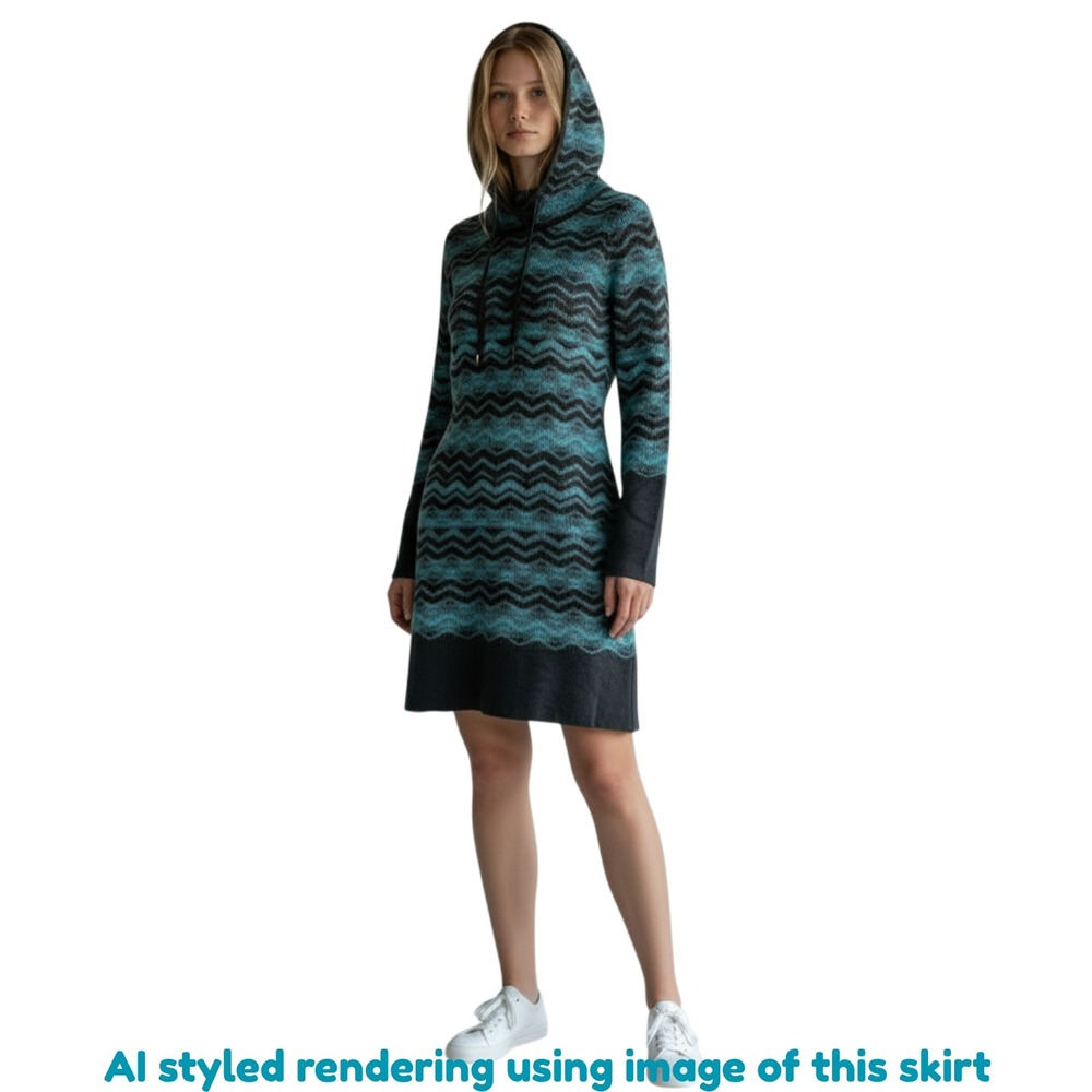 PrAna Large Meryl Hooded Long Sleeve Sweater Dress Chevron Knit Teal Blue Black